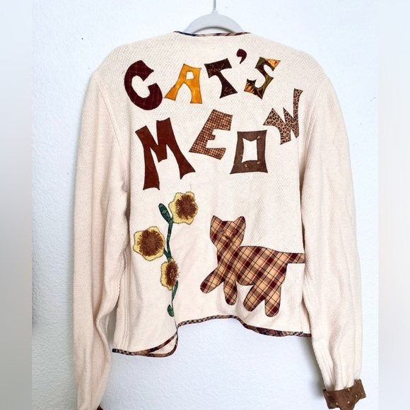 Vintage Handmade Patchwork Cats Meow Funky Cottagecore Granny Knit Jacket Kawaii - Picture 1 of 12